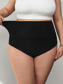 SHEIN CURVE+ 大码女式高腰弹力塑身打底裤 - 黑色 - 查看 3