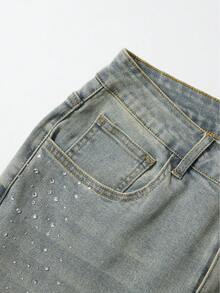 ROMWE MEN Street Life Jeans de mezclilla vintage desgastados con decoración de rhinestones para hombres - Azul - Ver 3