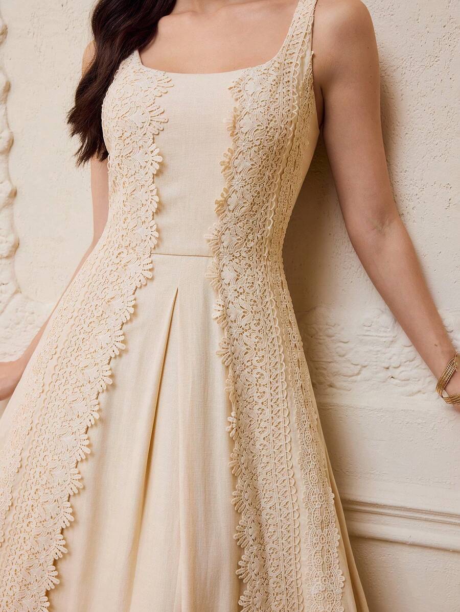 ZEYLAH Linen Embroidered Waist-Cinched Sleeveless Fitted Dress, Spring/Summer - Apricot - View 1
