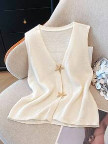 SHEIN Clasi Plus Size Women Star Button Sleeveless Knit Top - Apricot - View 3