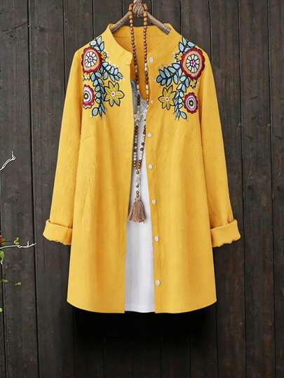 Linhara Plus Size Women Embroidered Long Cardigan Shirt, Spring Autumn New Style Fall Cloth For Women