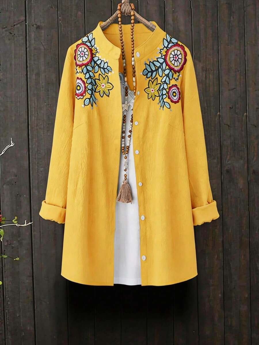 Linhara Plus Size Women Embroidered Long Blouse, Spring Autumn New Style Fall Cloth For Women - Yellow - View 1