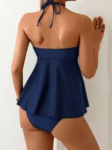 Swim Lushoire 2件套黑色布料金色贝壳装饰细肩带串珠度假风比基尼套装 - 藏蓝色 - 查看 2