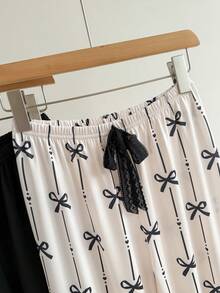 2 piezas Pantalones de pijama de mujer de punto con estampado de rayas y lazos - Multicolor - Ver 5