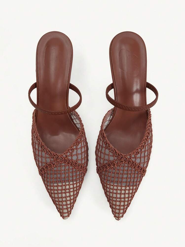 CUCCOO CHICEST Fashion Pointed Stiletto Brown Hollow Mesh Elastic Band Women's High-Heeled Shoes Mule Shoes Spring And Summer Daily Versatile Commuting Elegant Dating Outside Wearing Temperament Closed Toe Women's Shoes High-Heeled Slippers