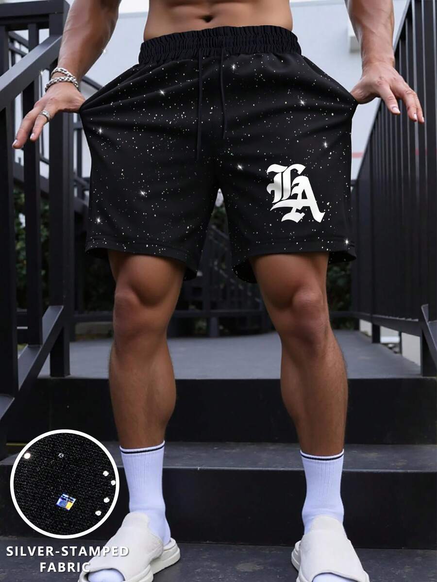 Manfinity Homme 男士时尚简约日常银箔短裤 - 黑色 - 查看 1