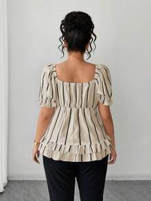 Elenzga Plus Size Women's Elegant Contrast Striped Petal Sleeve Ruffle Hem Blouse, Summer - Khaki - View 2