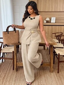 Weeklong Plus Size Women's Round Neck Sleeveless Metal Buckle Decor Waist Casual Suit, Spring/Summer - Khaki - View 4