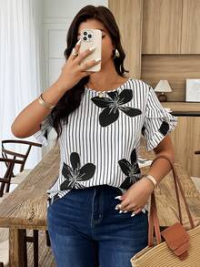 Weeklong Camisa casual de vacaciones con estampado de rayas, mangas con volantes y pétalos para mujer talla grande, primavera/verano - Multicolor - Ver 5