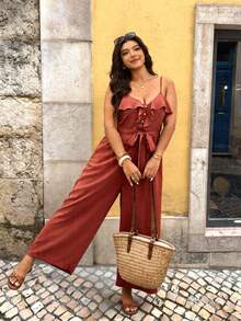 Elaquor Plus Size Women Solid Color Ruffle Hem Wide Leg Jumpsuit Wide Leg Jumpsuits Jumpsuits For Women Outfits For Women Casual Vacation Outfits For Women - Redwood - View 7