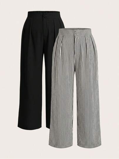 Elaquor 2pcs Plus Size Women Solid Color Pleated Button Casual Pants & Striped Loose Pants Set