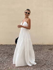 DAZY Vestido ajustado de cintura sólida con línea A, vestido casual de playa de verano con cuello halter y espalda descubierta para mujeres, vestidos bohemios de sol para vacaciones de mujeres - Blanco - Ver 4