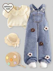 SHEIN Washed Denim Bib Pants For Baby Girls, Floral Print Loose Jumpsuit - Light Wash - View 8