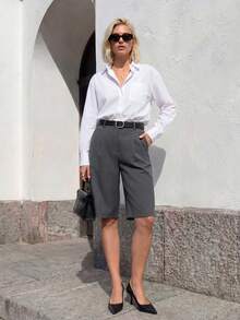 SHEIN ICON Bộ quần đùi Bermuda màu xám đơn giản mùa xuân dành cho nữ, thích hợp cho việc đi làm hàng ngày. - Xám - Xem 5