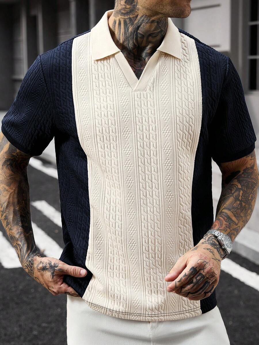 Manfinity CasualCool Áo polo nam phối chất liệu tương phản, cổ bẻ, thích hợp cho các buổi đi chơi và mặc đi làm. - Xanh đậm - Xem 1