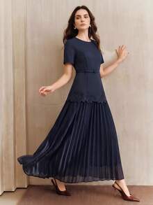 Anewsta New Elegant Round Neck Short Sleeve Dress With Pleated Hem Design, Navy Blue, Comes With A Matching Belt - Navy Blue - View 6