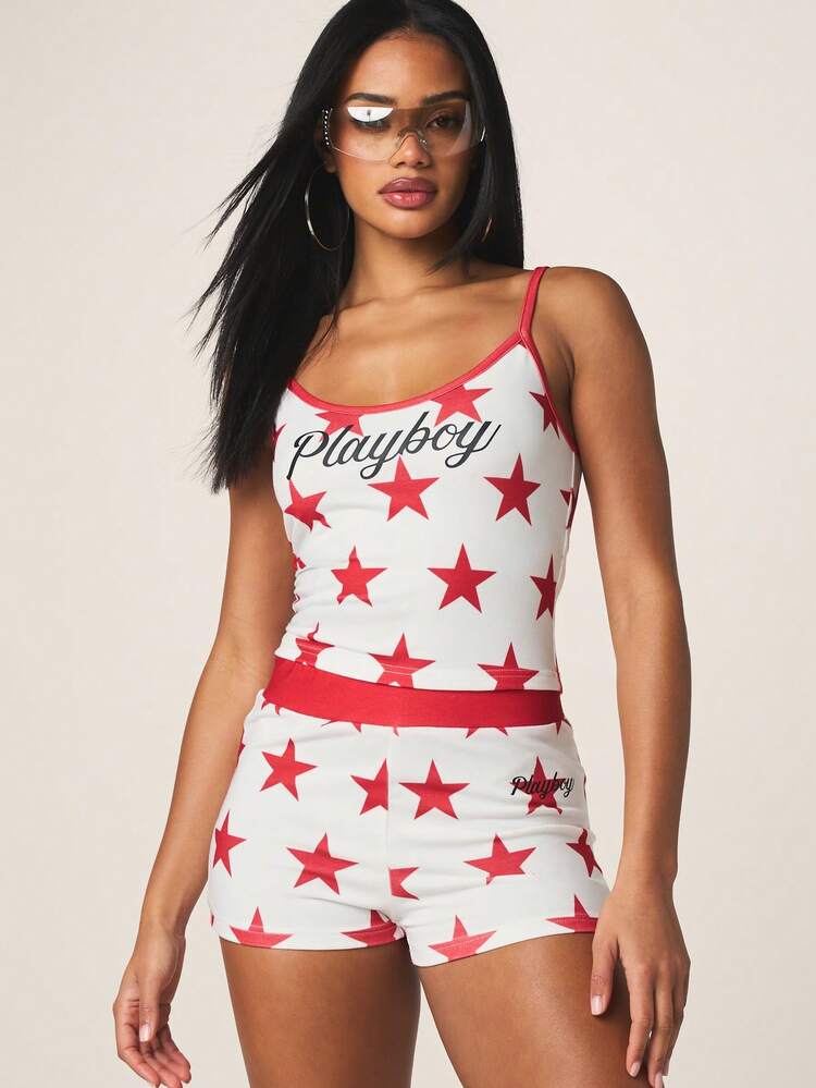 Missguided x Playboy Star Print Cami And Booty Short Co-Ord Set Two Pieces Matching Outfit Red White Pattern Festival Summer Sleepwear Loungewear, Fourth Of July