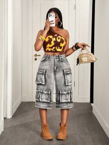 Slaydiva 女士休闲工装七分牛仔裤，带口袋，适合日常穿着 - 黑色 - 查看 5