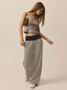 Aralina Contrast Ribbed Wide Waistband And Wide Leg Baggy Track Pants - Dark Grey - View 5