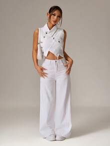 SHEIN PETITE Women's Asymmetrical Design Denim Jacket - White - View 5