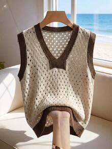 SHEIN Women Summer Beige Knit Vest,V-Neck Sleeveless Openwork Two-Tone Polka Dot Eyelet Pattern,Casual Autumn ,Ribbed Hem Retro Layering Style Occasion - Khaki - View 5