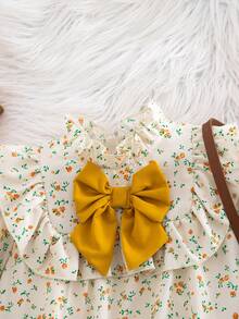 SHEIN Emery Rose Kids 小女孩可爱度假休闲杏色碎花图案蝴蝶结长袖宽松连衣裙，秋季碎花连衣裙 - 彩色 - 查看 6