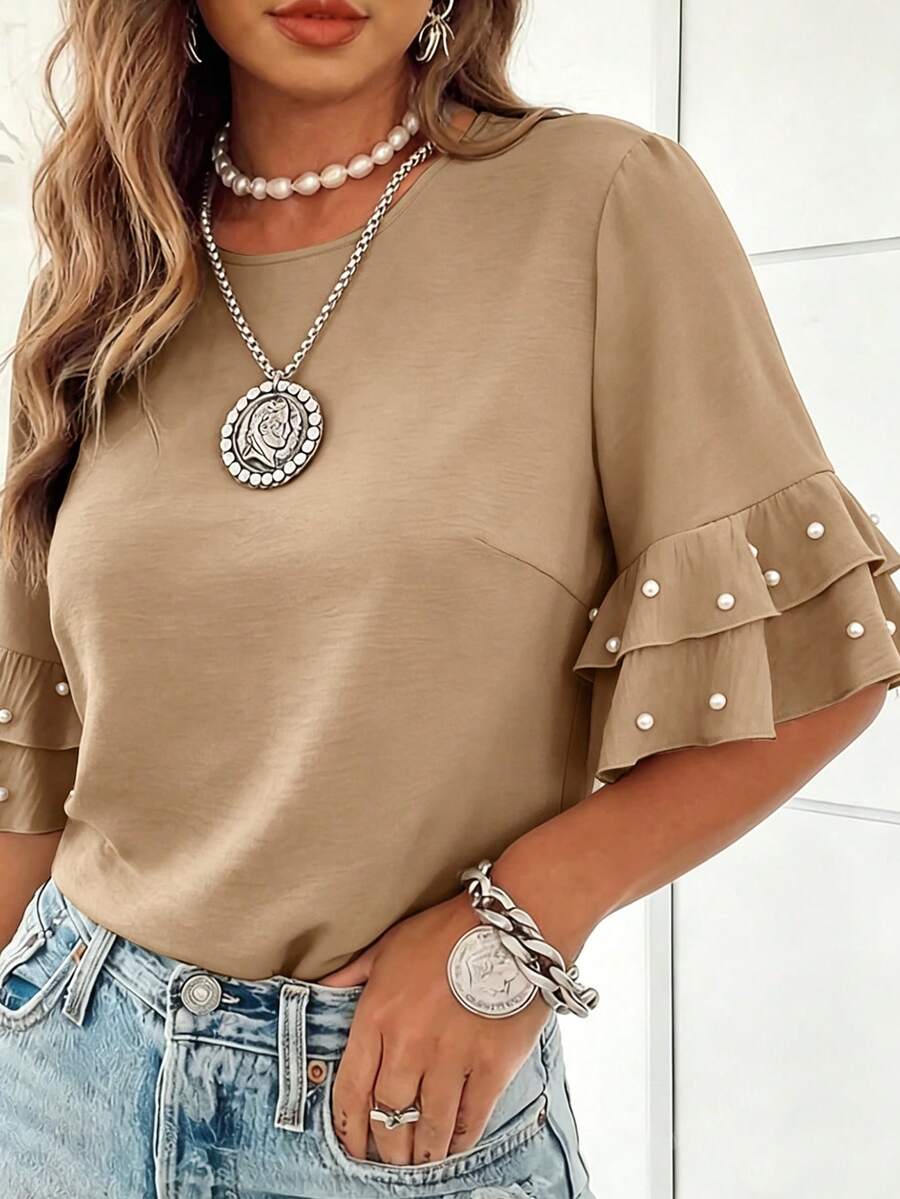 SHEIN LUNE Plus Size Women's Round Neck Ruffle Sleeve Beaded Casual Blouse, Spring/Summer - Khaki - View 1