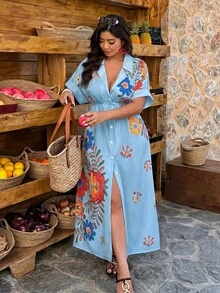 SHEIN LUNE Plus Size Women's Casual Floral Print Long Dress, Suitable For Spring And Summer Vacation - Multicolor - View 5