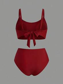 Sweetra CURVE Plus Size Women Solid Color Plunging Neckline Tankini Swimsuit Set, Vacation For Summer - Burgundy - View 6