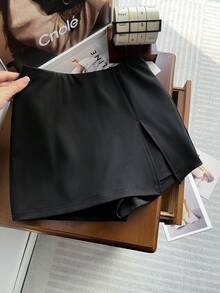 Franclia Falda en línea A de unicolor elegante para mujer con pantalones cortos incorporados, diseño minimalista para ir al trabajo y uso diario, minifalda negra, primavera/verano - Negro - Ver 3