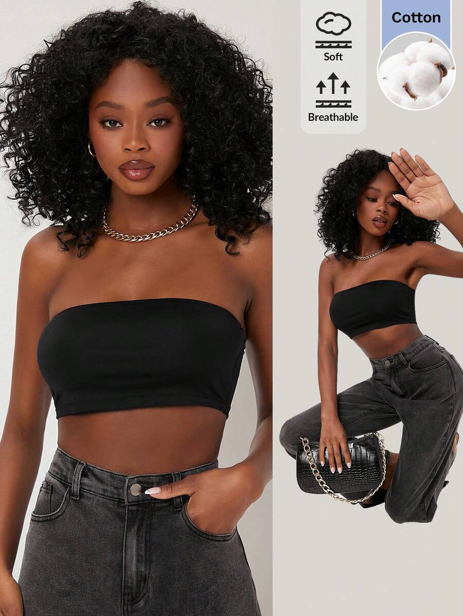 SHEIN BASICS Women's Solid Color Cropped Bandeau Top