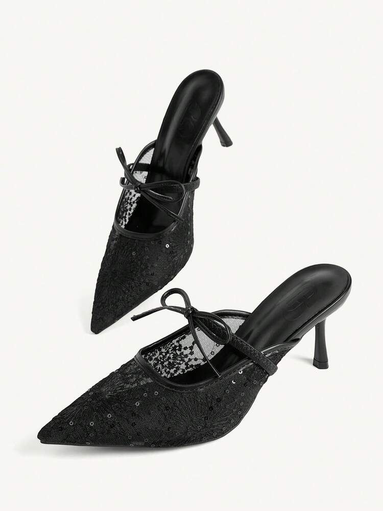 CUCCOO CHICEST Women Shoes Pointed Stiletto Black Lace Mesh Bow Elegant And Comfortable Daily Versatile Women's High Heel Shoes Mule Shoes Temperament Fashion Party Wedding Banquet Women's Shoes