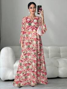 Yasmyna Women's Romantic Elegant Floral Print Flare Sleeve Tie Front Dress, Vacation Style, Spring/Autumn - Multicolor - View 6
