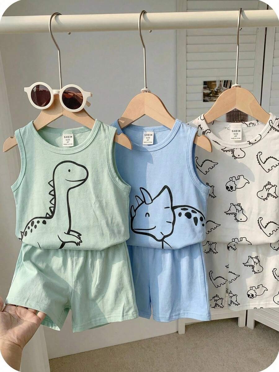 SHEIN Bộ 6 món áo thun cổ tròn không tay và quần short cho bé trai, đa năng thích hợp đi học, dã ngoại, đi biển, sinh nhật, xuân/hè/thu/đông, áo phối đồ dễ dàng, bộ đồ cho bé trai, bộ đồ cho bé gái, áo đồng phục học sinh, áo thun cho trẻ em trai.