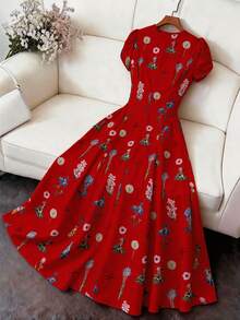 Rometta Vestido de manga corta con cuello en V y estampado floral diminuto en estilo vintage francés para mujer de talla grande - Rojo - Ver 3