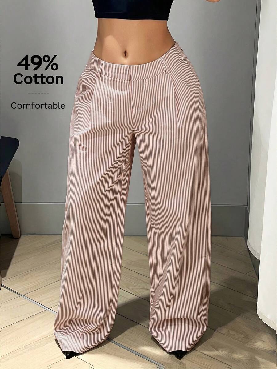 SHEIN ICON 女士Y2K低腰宽松阔腿及地长裤灰色竖条纹裤 - 棕色 - 查看 1