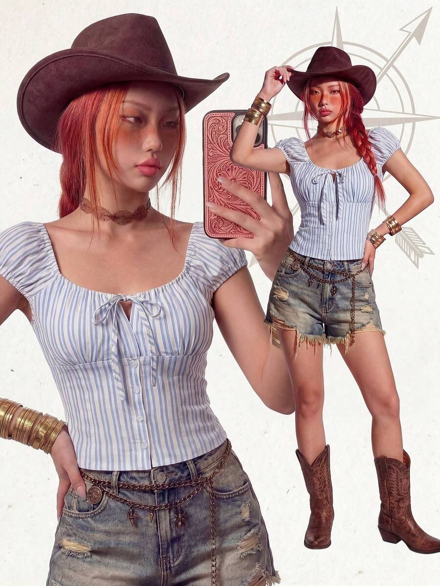 Rina Fox Blusa ajustada de verano con botones y lazo frontal a rayas - Azul y blanco - Ver 1