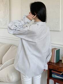 DAZY 女士条纹单排扣休闲百搭日常衬衫 - 白色 - 查看 2