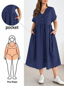 SHEIN Essnce Plus-Size Women's Navy Blue Polka Dot Midi Dress Summer Smart Casual 1960s 90s Short-Sleeved Loose Comfortable Fashion Vacation Outfits Pockets - Navy Blue - View 1