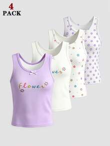 4pcs Tween Girls' Casual Bow Decor Letter Print Tank Tops - Multicolor - View 6