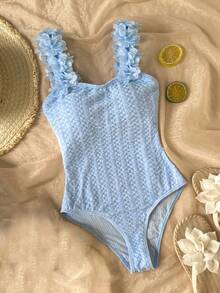 SHEIN Tween Girls' Cute Blue Floral Textured One-Piece Swimsuit, Summer - Blue - View 6