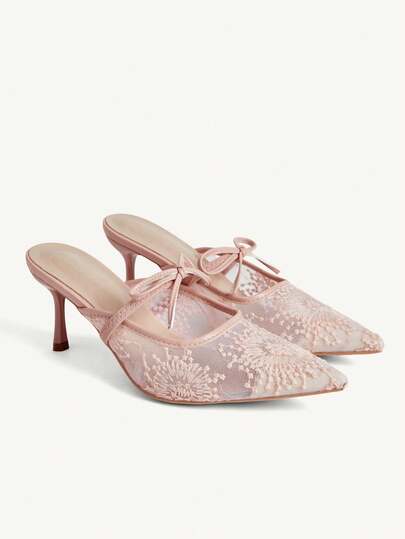 CUCCOO CHICEST รองเท้าส้นสูงผู้หญิงหัวแหลมสีเบจลูกไม้ตาข่ายโบว์หรูหราและสวมใส่สบายรองเท้าส้นสูงผู้หญิงอเนกประสงค์รองเท้าแตะส้นสูงแฟชั่นอารมณ์สำหรับงานปาร์ตี้งานแต่งงานงานเลี้ยงรองเท้าผู้หญิง
