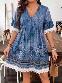 SHEIN LUNE CURVE Plus Size Women's Brown Floral Print V-Neck Flare Sleeve Lace Trim Dress Gym Autumn - Blue - View 1