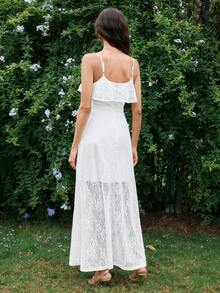 Franclia Women's New White Ruffled Elegant Romantic Lace Spaghetti Strap Maxi A-Line Dress - White - View 2