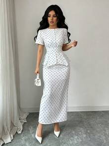 Rafferiza Women's Elegant Pearl Button Blouse + Split Hem Skirt 2 Pieces Set - White - View 4