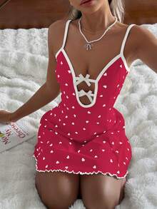 CottageSlumber Red Heart & Bow Ribbed Knit Sexy Spaghetti Strap Nightgown With Frill Trim For Ladies - Hot Pink - View 5