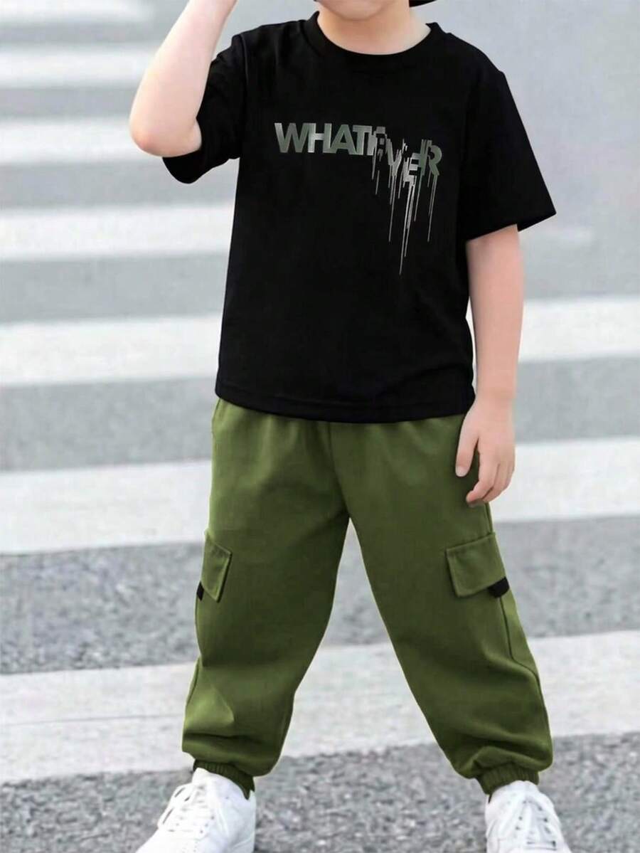 男童春夏两件套服装 - 印花黑色短袖T恤搭配工装裤，休闲百搭套装 - 軍綠色 - 查看 1