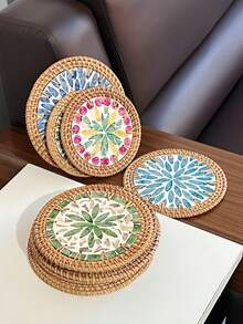 Cirelle 1pc Rattan And Mother Of Pearl Coasters, Woven Coaster Set With Shell Mosaic, Boho Heat Resistant Trivets, Decorative Round Hot Pads For Dining Table - Multicolor - View 7