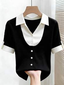 Resyla Áo thun nữ tay ngắn cổ polo phối màu trơn, kiểu dáng công sở và thường ngày, cài nút, mẫu mới mùa hè và thu 2026. - Nhiều màu - Xem 1