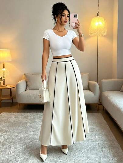 SHEIN Raffinéa Đầm nữ mùa hè dáng suông cổ tròn tay ngắn, viền đen tương phản, eo thon, dáng chữ A thanh lịch, thích hợp cho các buổi đi chơi, họp mặt gia đình và nhiều dịp khác.